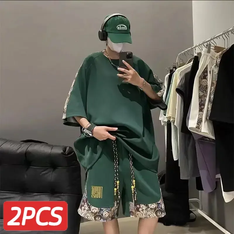 Fashion Sports suit Men's Summer Loose Embroidered Short-sleeved T-shirt sets Fashion Patchwork Shorts Set Two-piece Set