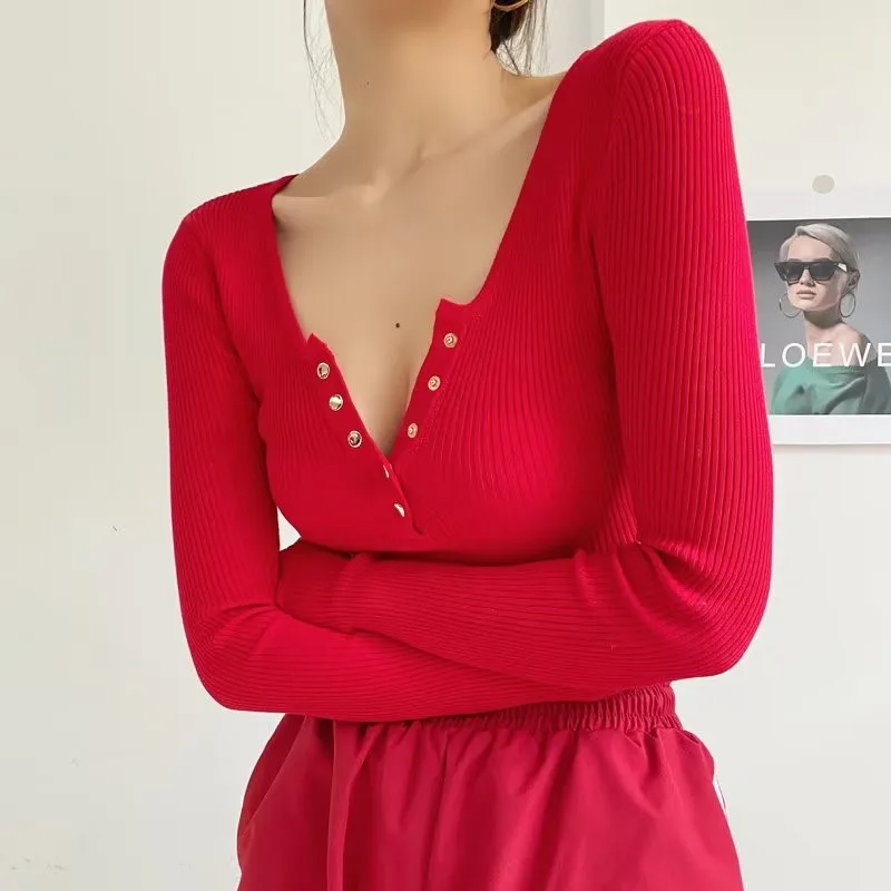 Autumn Sexy Open Covered Buttons V neck Ribbed Knitting Long Sleeve Bodysuit Woman Short Jumpsuit Slim Rompers Bodycon Playsuits