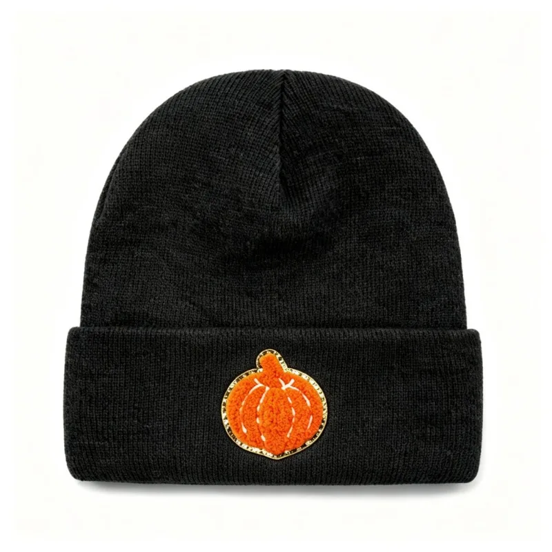 Flap Knitted Hat Adult Pumpkin Cloth Sticker Halloween Wool Hat Autumn Winter Men Women Thermal Cover Cold Warm Soft Beanie