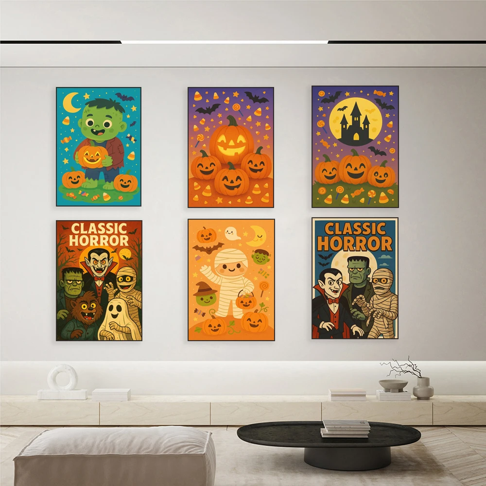 Spooky castle, cat and pumpkin, skeleton and monster, dancing skeletons, horror icons, witches brew kids Halloween poster