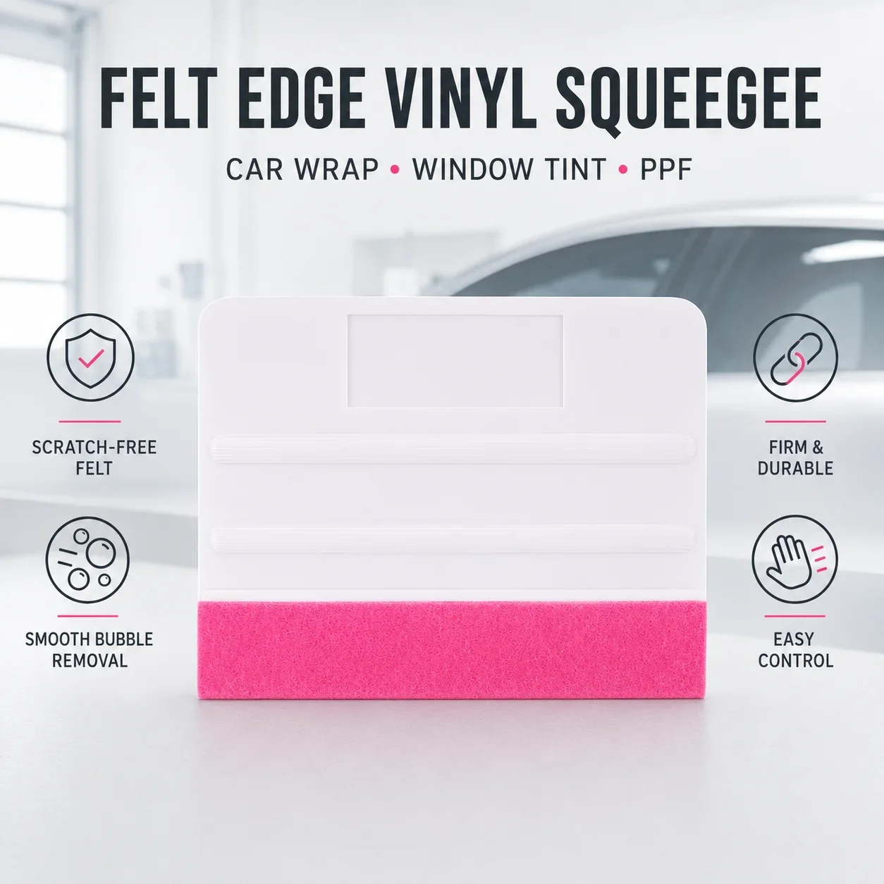 White Felt Edge Vinyl Wrap Squeegee with Pink Soft Felt Strip for PPF Window Tint Anti-Scratch Film Application Car Wrap Tool