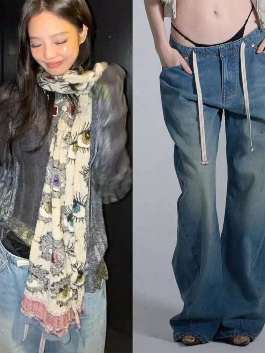 

Spring Women's Wide Leg Jeans High Waist Cotton Retro Waed Loose Street Sle Long Trousers Dstring Casual Faion