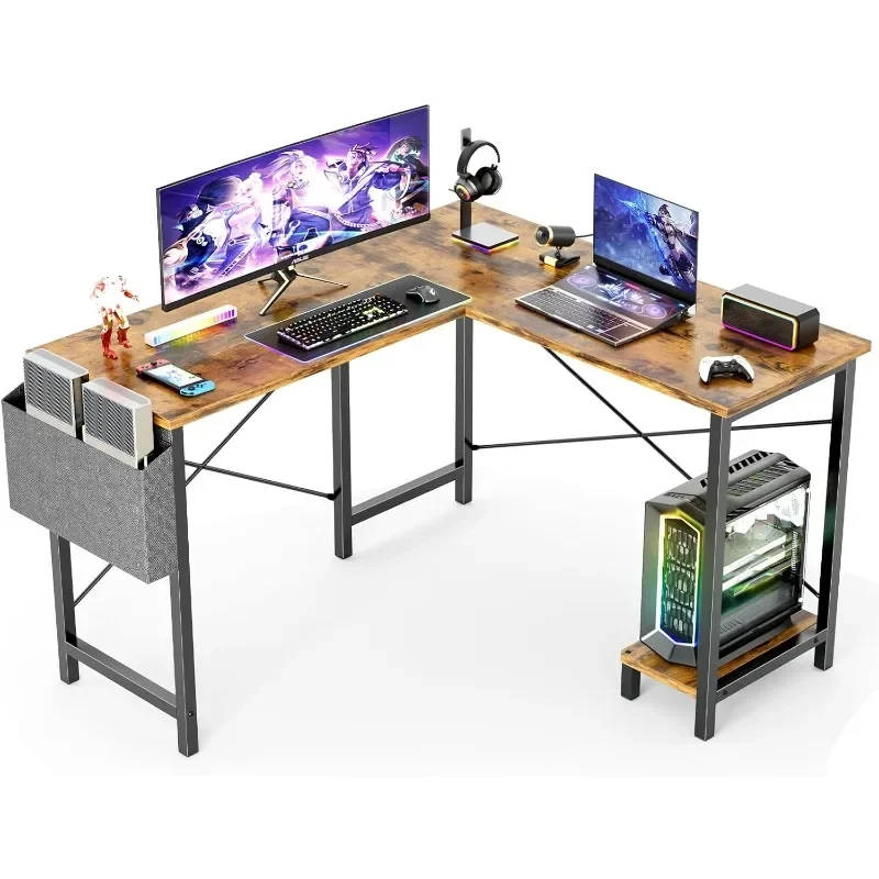 Bureau d'ordinateur en forme  L, table  jeu, bureau d'angle, bureaux d'étude avec sac latéral CPU en bois réversible, 50 pouces