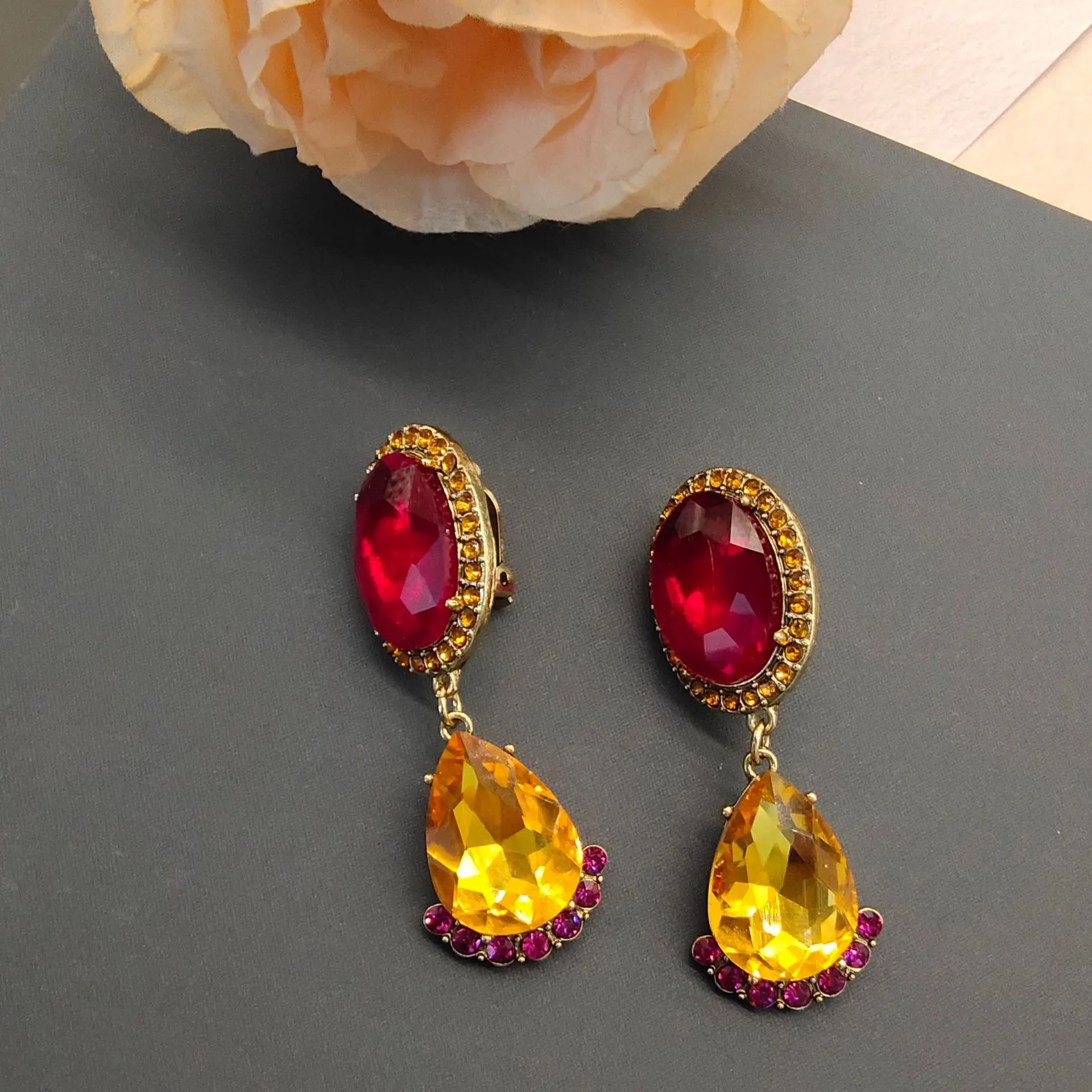 Vintage Colorful Rhinestoned Water Drop Earrings For Women Jewelry Runway Party T Show Fancy Trendy Boho INS Japan Korea
