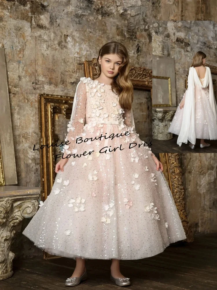 

Elegant Flower Girl Dresses For Wedding Sequins Floral Shawl Gorgeous Princess First Communion Formal Events Gown Customized