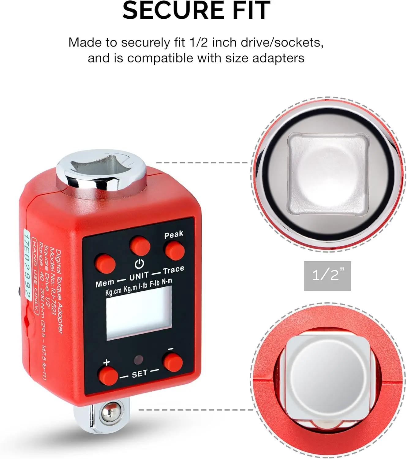 محول عزم الدوران الرقمي، محرك 1/2 بوصة، نطاق 29.5-147.5 قدم-رطل، يحول الشدات إلى أداة عزم الدوران الرقمية مع تنبيه
