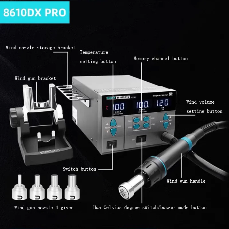 SUGON 8610DX Pro 1000W Hot Air Rework Station Microcomputer Digital Display BGA Rework Station Curved Nozzle Welding Repair Tool