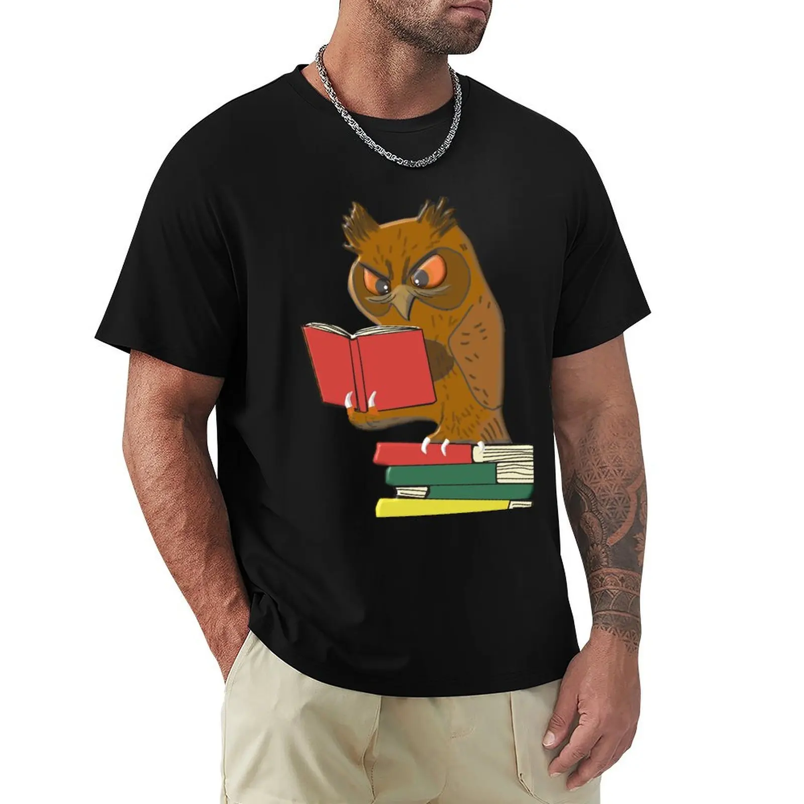 Books Reading Owl Comic Look T-Shirt Work Outdoor Short Sleeve Tee