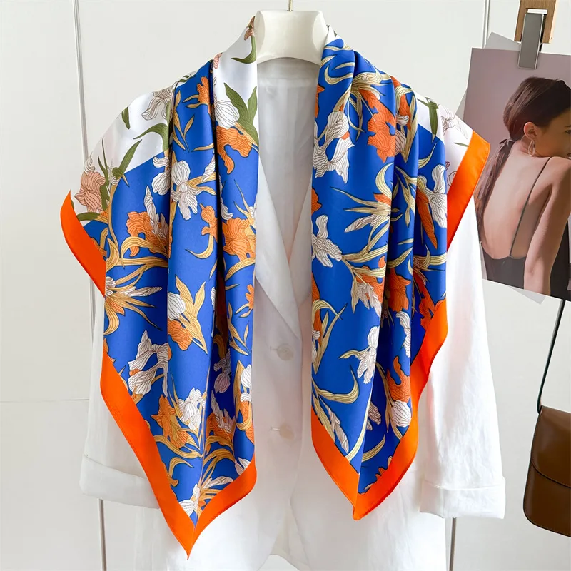90 ซม.ผ้าพันคอผู้หญิงแบรนด์หรูดอกไม้ขนาดใหญ่ผ้าไหม Foulard ผ้าพันคอนุ่ม Neckerchief Hijab ผ้าพันคอผมสําหรับสุภาพสตรี