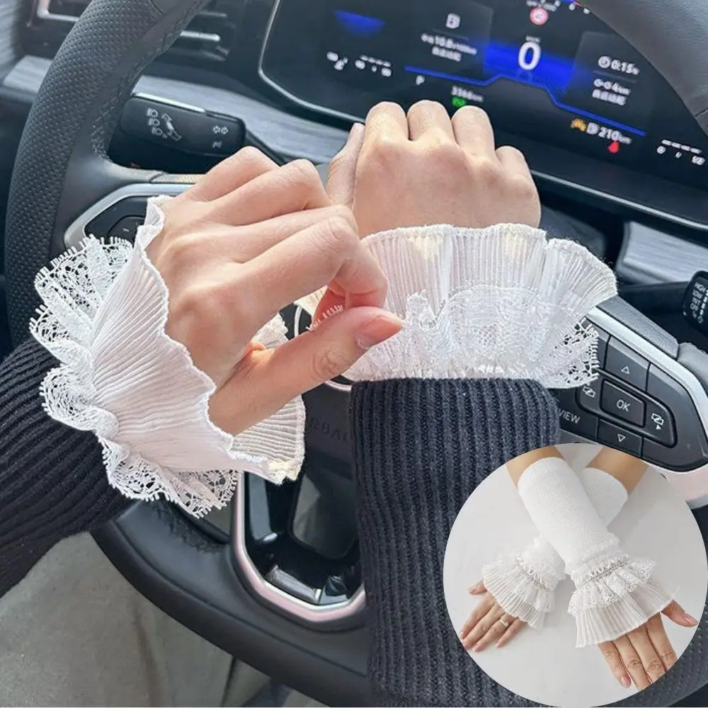 Women Lace Ruffles Cuff Long Elastic Elbow Sleeve Detachable Fake Sleeves Knitting Wrist Cuffs Winter Sweater Decorative Sleeves