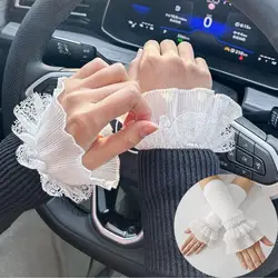Women Lace Ruffles Cuff Long Elastic Elbow Sleeve Detachable Fake Sleeves Knitting Wrist Cuffs Winter Sweater Decorative Sleeves