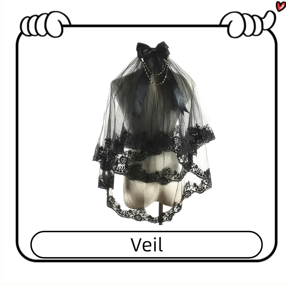 

Halloween Gothic Lolita Veil - Vintage Double Layer Lace Comb with Dark Bridal Headpiece