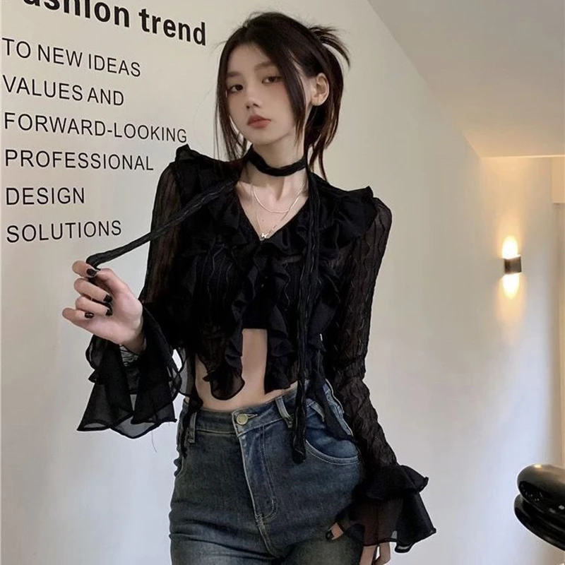 Sexy Gothic Women Lace Blouses Y2K Crop Top Elegant Black Shirt Slim Transparent Cardigan Grungefemale Korean Streetwear Top