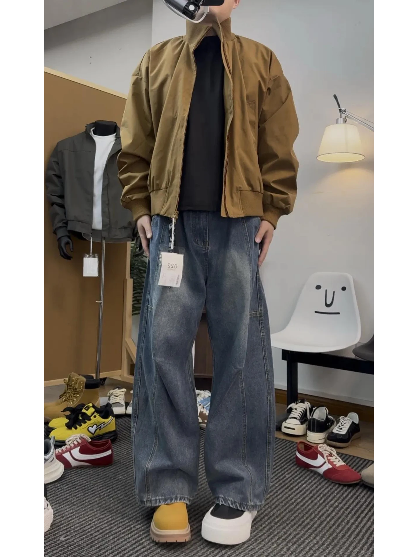 

Деконструированные широкие джинсы с завышенной талией, свободные утягивающие брюки с высокой талией, повседневные прямые брюки в американском стиле для мужчин