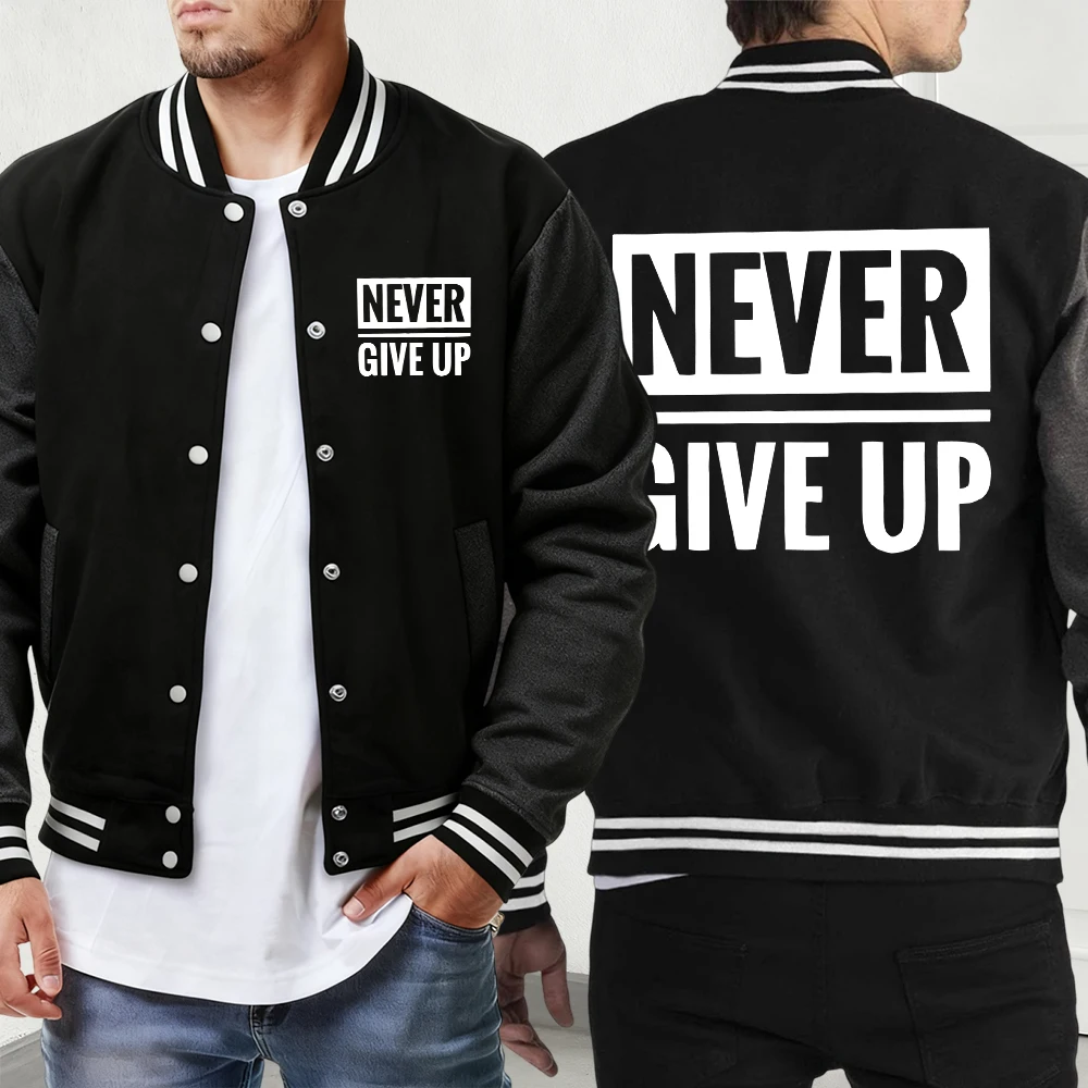 

Never Give Up No Pain No Gain Мужская куртка Свободная уличная бейсбольная форма Спортивная карманная жилетка Повседневная винтажная мужская одежда