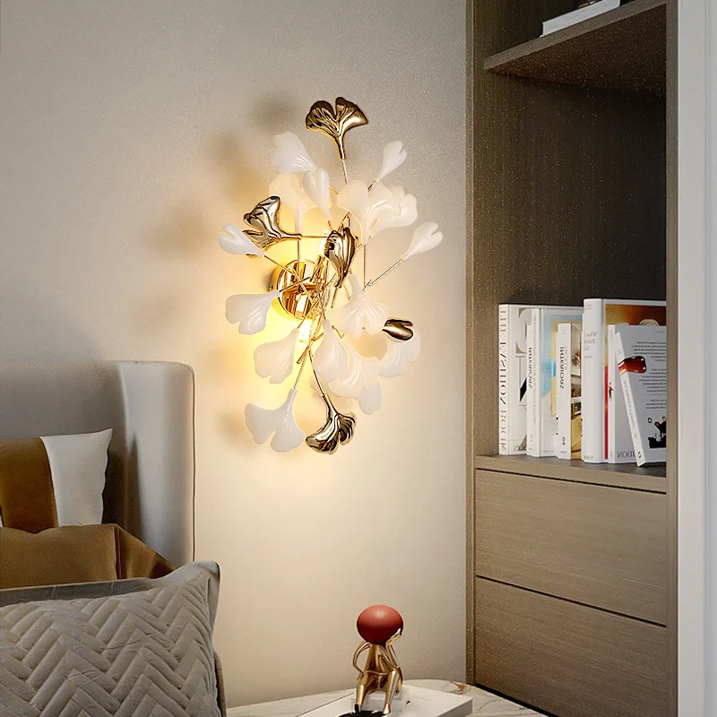 Imagem -04 - Nordic Ginkgo Led Wall Lamp Folha Quarto Hotel Arandelas Modernas Arte Decoração Ouro Cabeceira Corredor Iluminação Interior g9