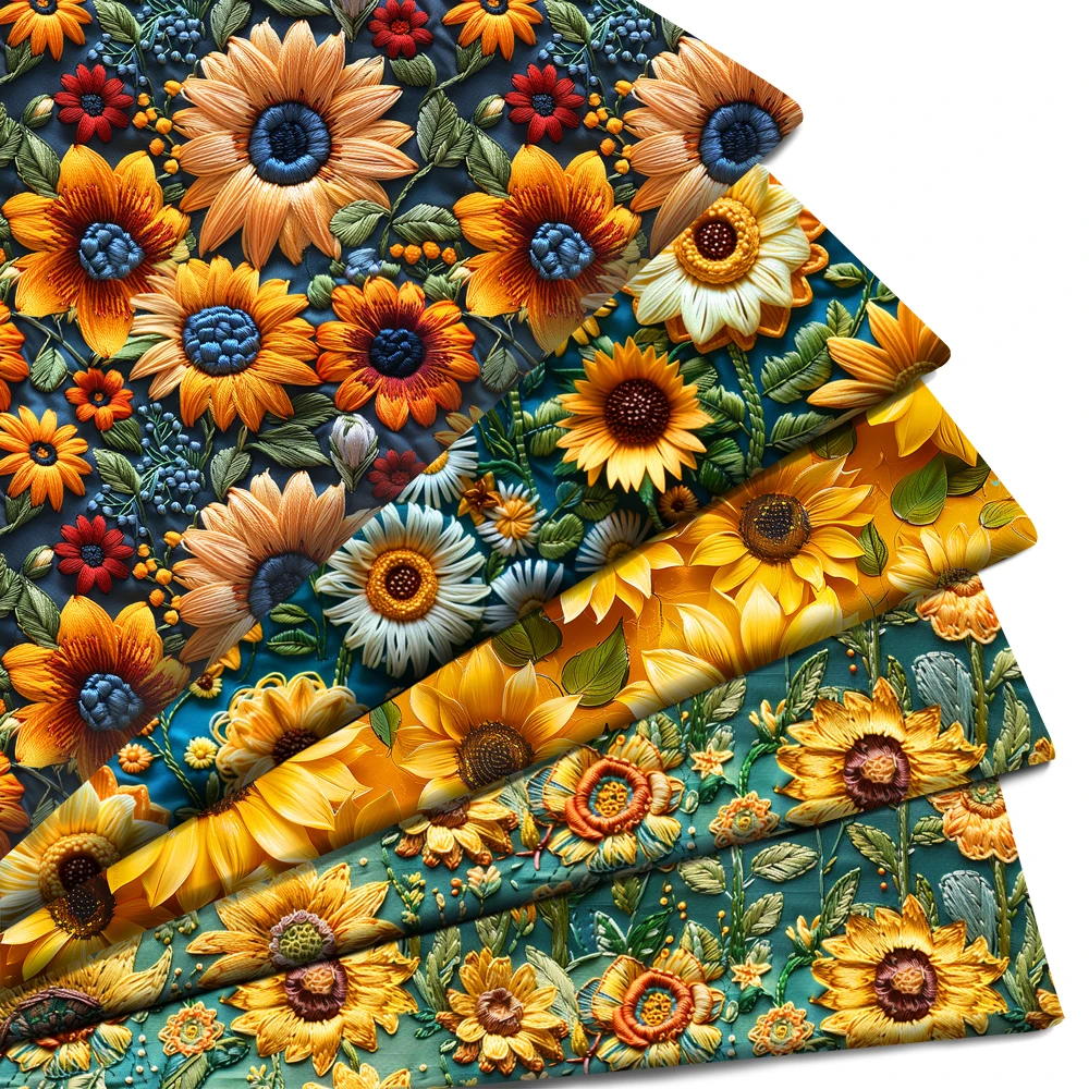 50*145cm Sunflower 3D Floral Imitation Embroidery Printed Polyester/Pure Cotton Fabric Patchwork Sewing Quilt Needlework Cloth