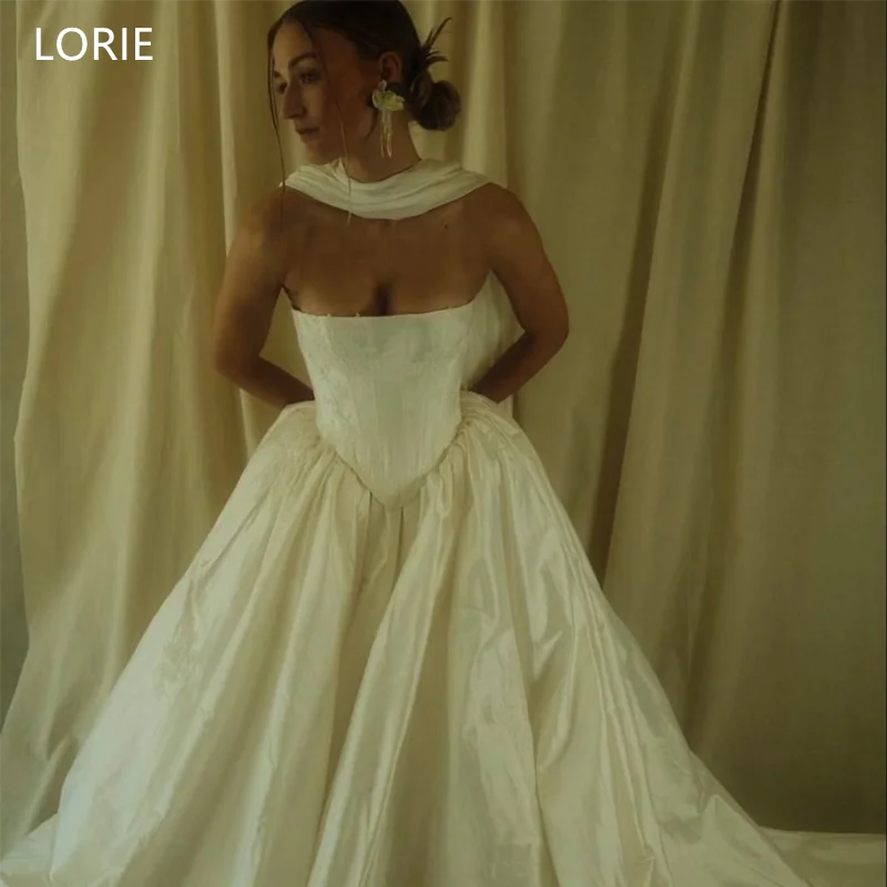 

LORIE Customized A-Line Satin Wedding Dresses Strapless Sleeveless Scarf Long train Bride Prom Gown Floor-Length Bridal Gown