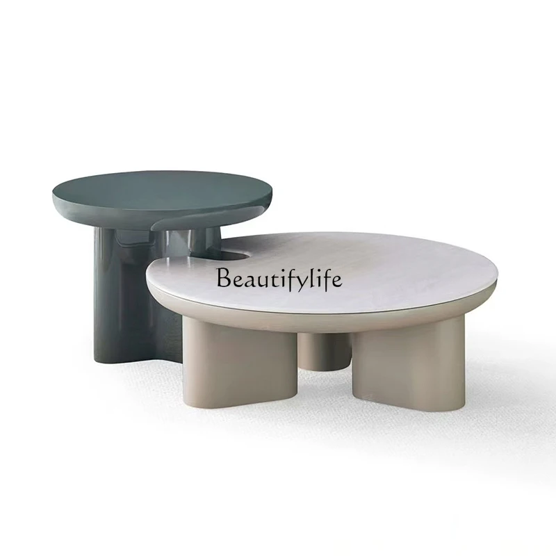 

-*Minimalist travertine coffee table combination microcrystalline stone size round light luxury high sense