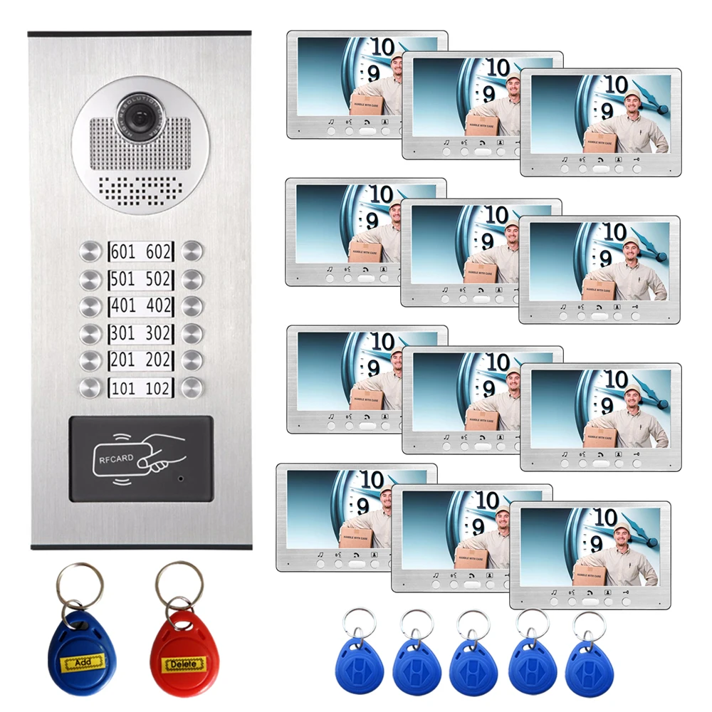 SYSD Wired 7 Video Door Phone Apartment Doorbell Video Intercom Entry System RFID 1 Camera 12 Monitor