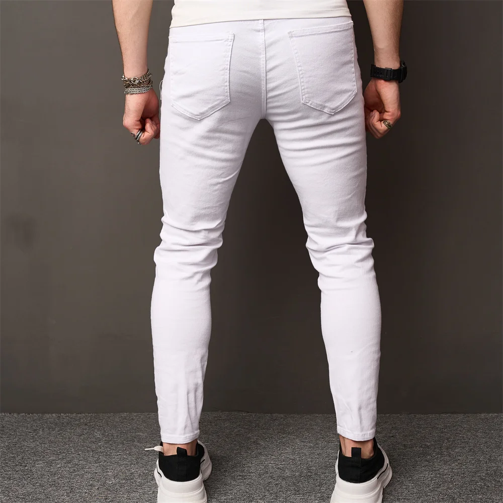 Streetwear Gaten Skinny Jeans Stijlvolle Heren Stretch Slanke Broek Distressed Scheurd Effen Heren Casual Potlood Denim Broek
