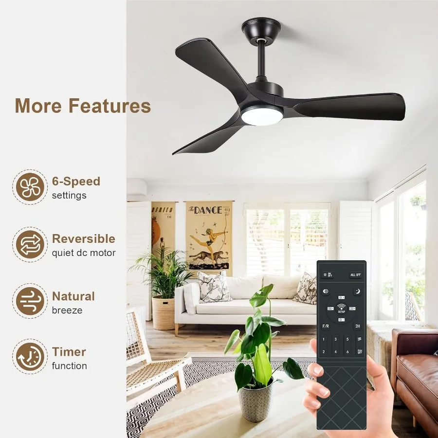 مروحة سقف خارجية منخفضة المستوى مقاس 42 بوصة مع ضوء وتحكم عن بعد في التطبيق للفناء وغرفة المعيشة تصميم حديث 3 شفرات هادئ R