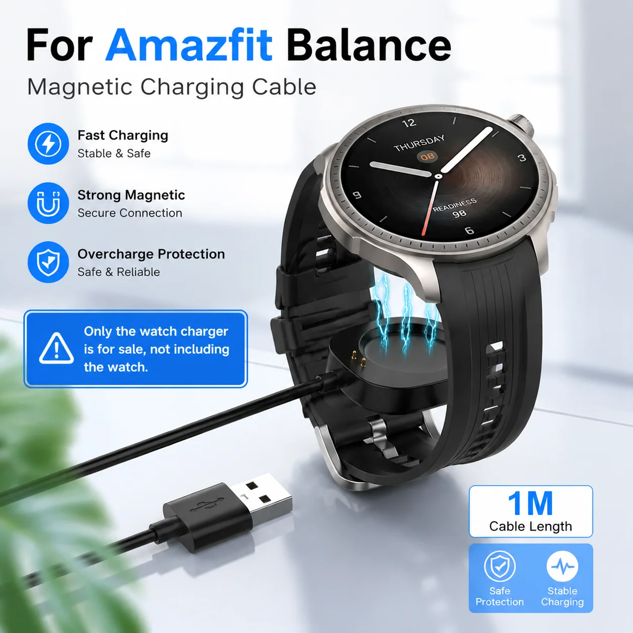 Carregadores de substituição adequados para Amazfit T-Rex 3 (A2322) /Balance (A2286) Cabo de carregamento USB para smartwatch Acessório