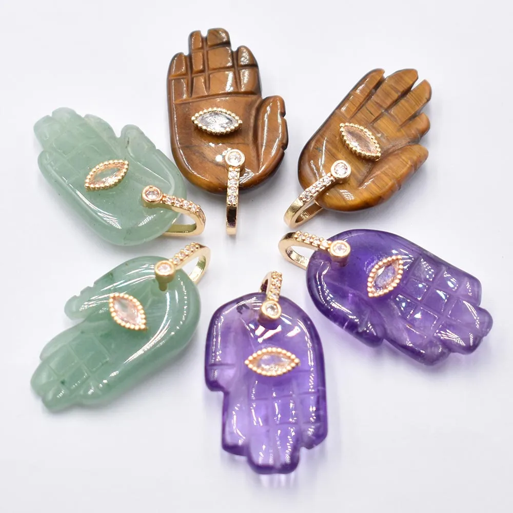 Fashion carved natural Stone amethysts rose quartz palm shape charms pendants fit jewelry making 6pcs Wholesale free shipping