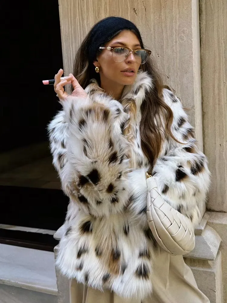 

HH Autumn Winter Women Fashion Print Faux Fur Coat Casual Loose Long Sleeve Plush Thick Warm Jacket Female Y2K Streetwear