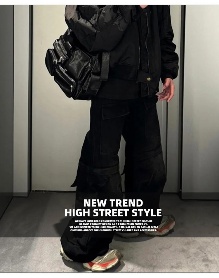 MIJKO فضفاض الجينز خمر غسلها انفصال متوهج البضائع رجل مستقيم وزرة غير رسمية المتضخم التمهيد قطع السراويل السوداء #5