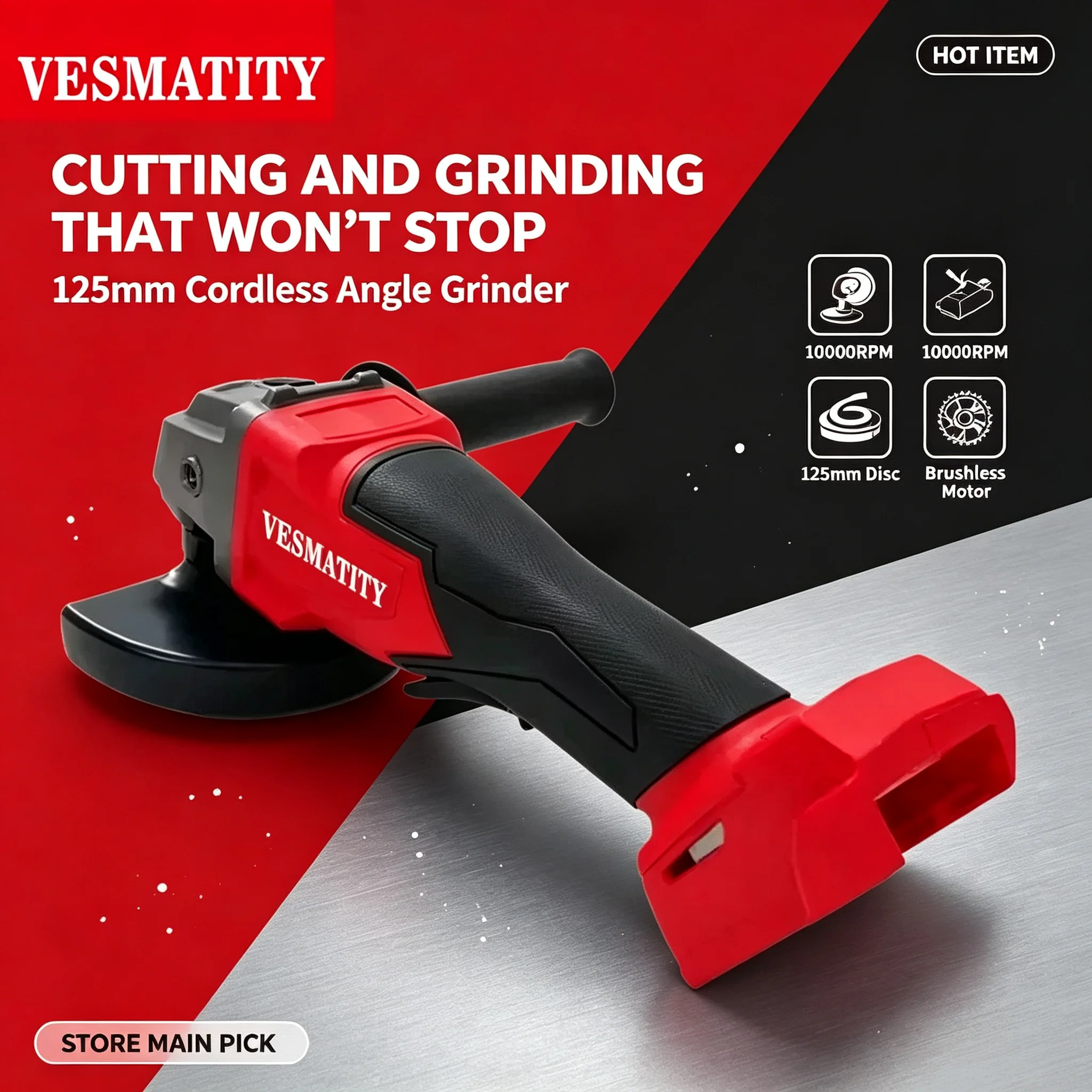 Fit VESMATITY Angle Grinder 125mm Brushless Polishing Cutting Machine No-Lock Paddle Switch Electric Cordless Power Tools