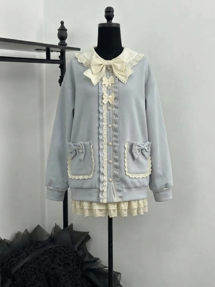 Subculture Japanese Sweet Lolita Kawaii Lace Ruffle Bow Pearl Button Jacket Women Oversized Fit Elegant Casual Daily Outfit 2026