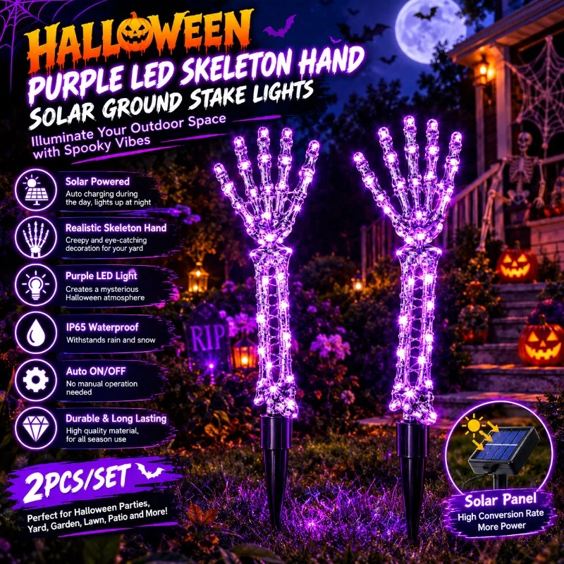Halloween Purple LED Skeleton Hand Solar Ground Stake Lights 2PC/SET Outdoor Garden Yard Patio Lawn Horror Party Decoration