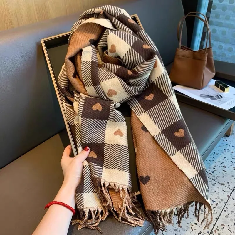 1 bufanda con estampado de corazón de otoño e invierno para mujer, bufanda cómoda a cuadros para mujer, bufanda chal de manta grande gruesa