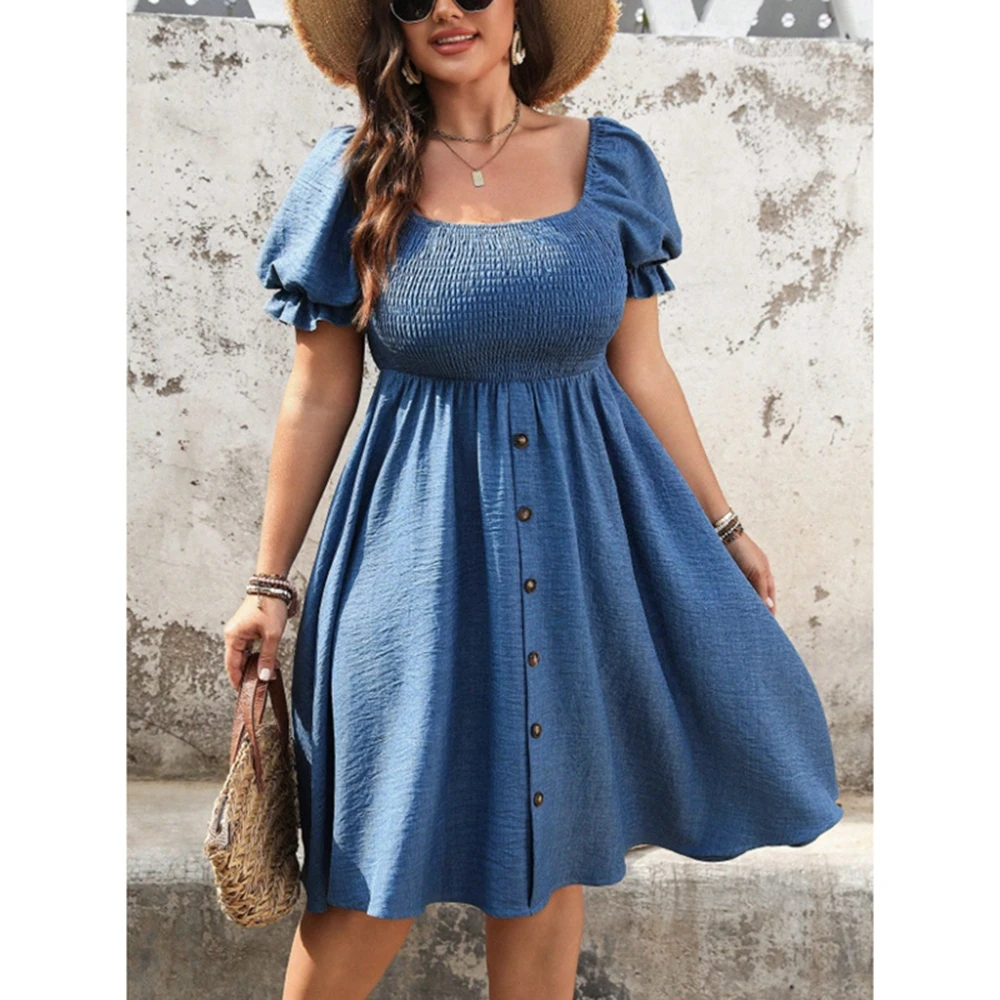 Robe mi-longue trapèze pour femmes, grande taille, élégante, couleur unie, Design de boutons, smockée, col carré, à volants, manches courtes bouffantes, pour l'été