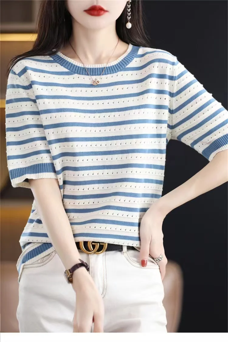 New spring and summer striped women\'s T-shirt short sleeve round neck hollow loose slimming sweater