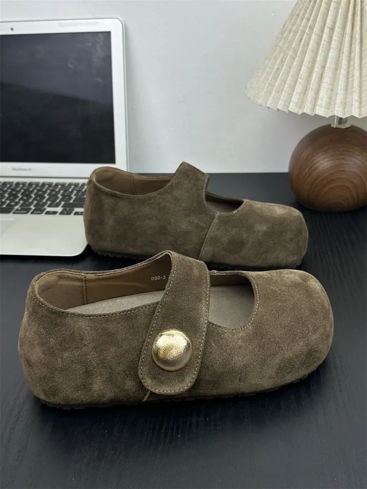 2026 Autumn New Womens Cow Suede Shoes Round Toe Buckle Female Genuine Leather Pumps Shoes Fashion Casual Solid Color Footwear