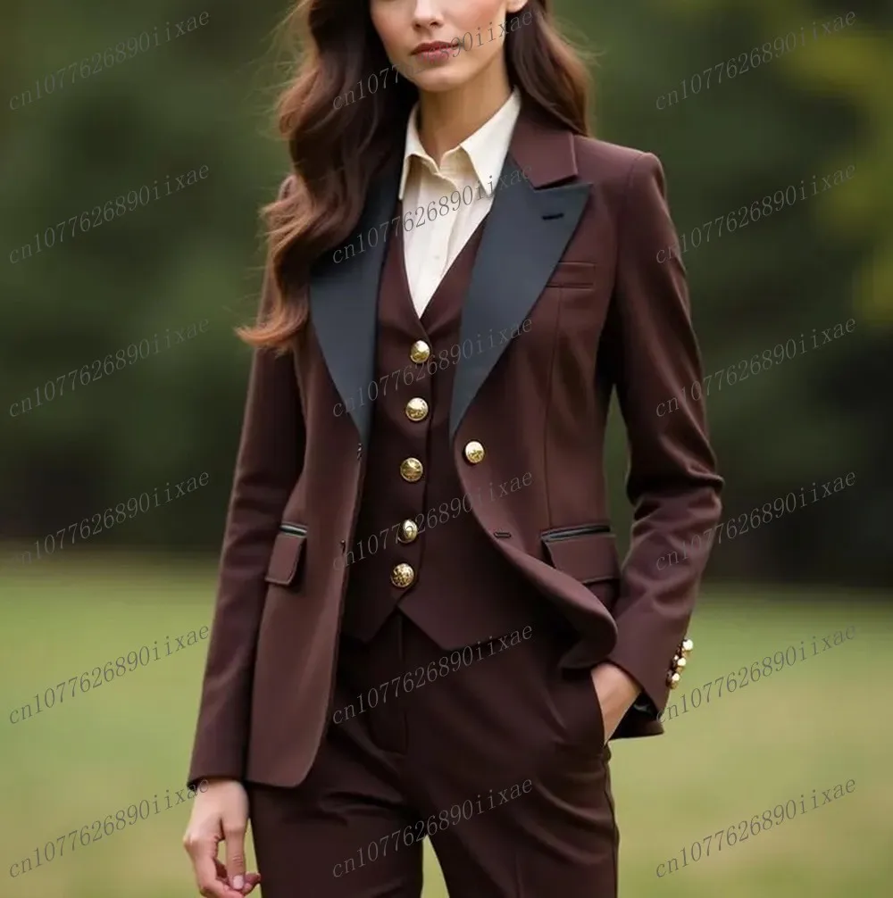 

Black Collar Brown Women Suits Lady Business Office Tuxedos Mother Wedding Party Formal Ladies 3 Piece Set Jacket Vest Pants