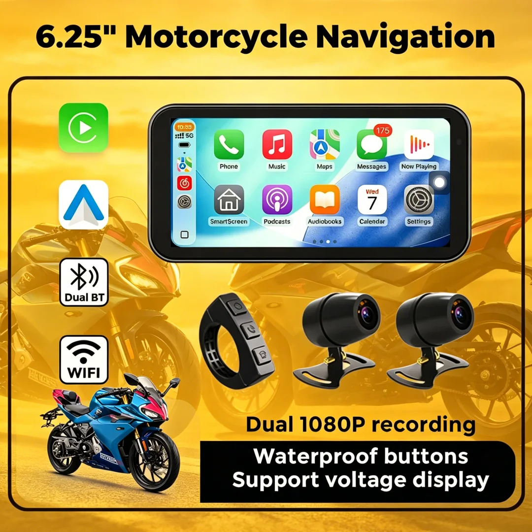 MEKEDE EU Store Portable 6,25 pouces IP67 Étanche Navifly Navigation GPS pour moto Sans fil Carplay Android Auto DVR Enregistreur de conduite Moniteur Moto Lecteur intelligent WIFI Double BT Caméra 1080P