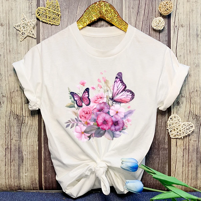 

Funny Flowers Butterfly Print T-Shirt Women Loose Short Sleeve Round Neck Top Female Casual Shirt Tees