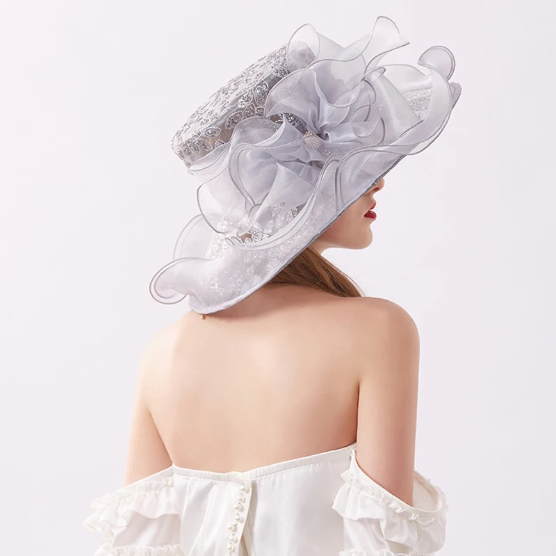 New Summer Women Organza Kentucky Derby Wide Brim Travel Sun Hats Elegant Flowers Ladies Wedding Church Party Fedoras Hat