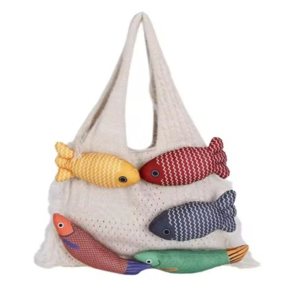 

Креативная повседневная тканая сумка с рыбным узором контрастного цвета, плюшевая вязаная сумка-тоут, универсальные сумки на плечо в корейском стиле в стиле бохо, повседневное использование