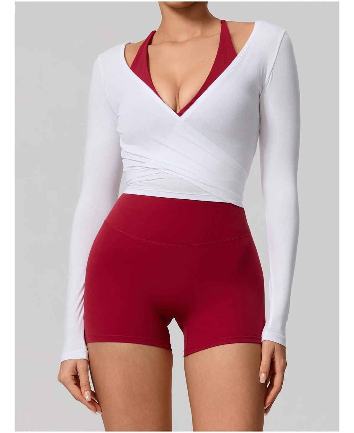 Neues Sommer-Damen-Yoga-Langarm-Einteiler-Oberteil mit Trägern – Premium-Ballett-Wrap-Top für Damen – Sport-Top für das Training – Detail 14