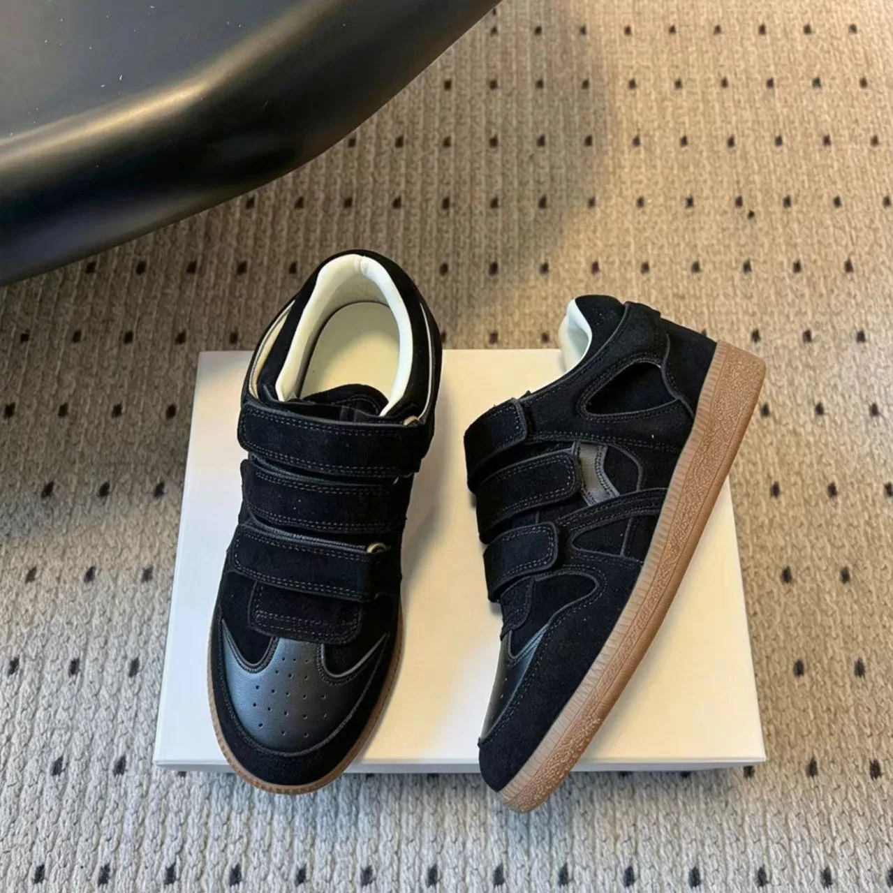 

Women Suede Leather Sneakers Three Velcro Straps Low-top Gum Rubber Sole