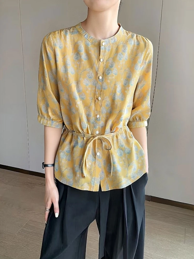 

Ele Floral Print ort Sve irt Women's Slim Fit Belted Single Button Cardigan Sle Korean Faion Silk Top