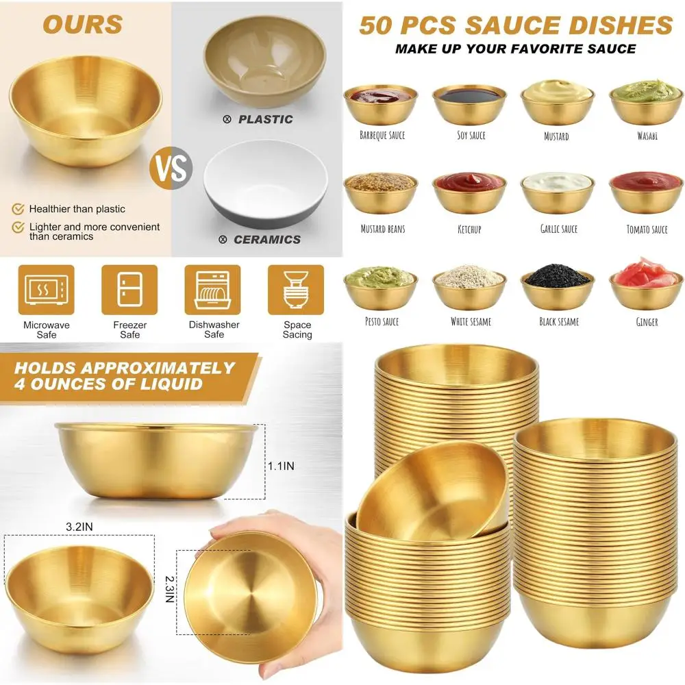 

Набор из 50 мини-соусниц из нержавеющей стали, 3,2 см, круглые, для приправ, соусов и суши, для кухни и вечеринок (золотистые)