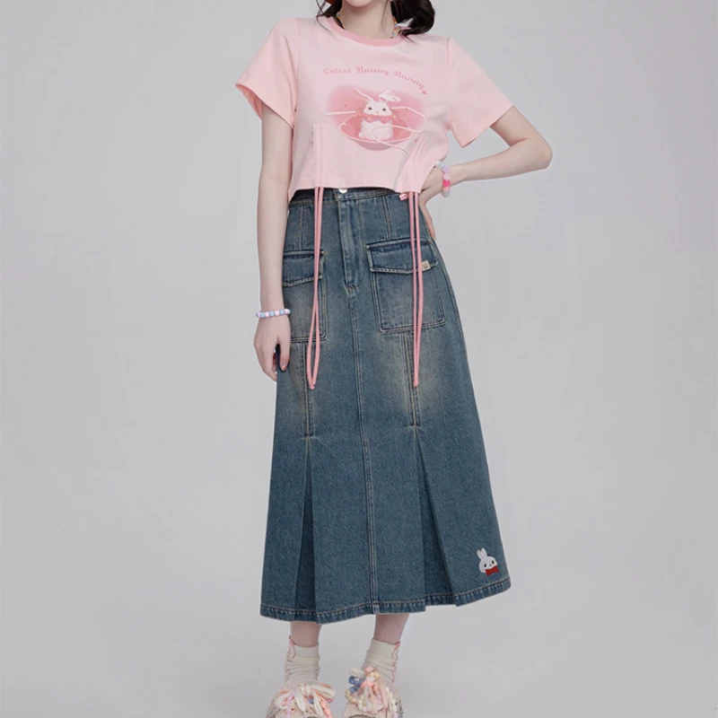 2024 New Casual Style Pink Blue Pocket Lace-up I-pleated Summer Sweet High Waist A-Line Long Embroidered Denim Skirt For Girls