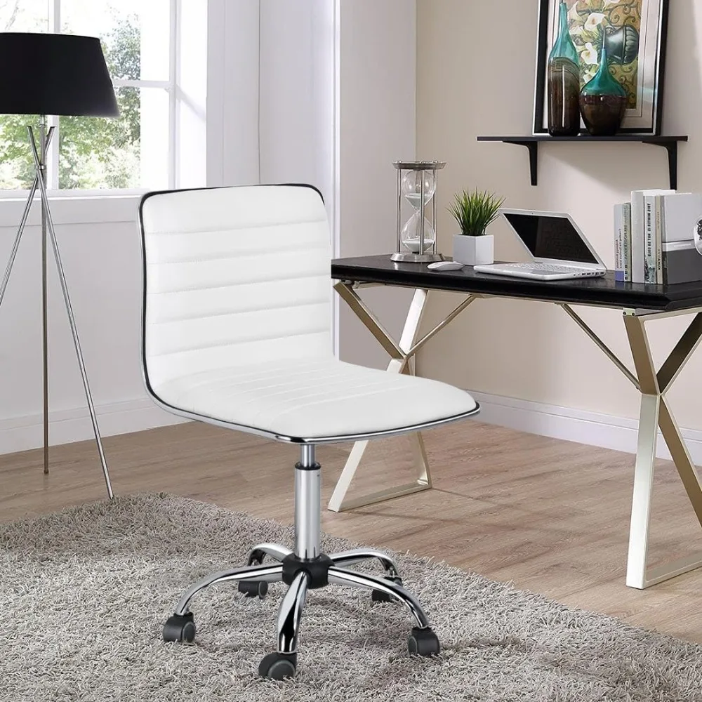 Silla de tarea ajustable de cuero PU con espalda baja, acanalada sin brazos, giratoria, blanca, escritorio, oficina, ruedas (renovadas)