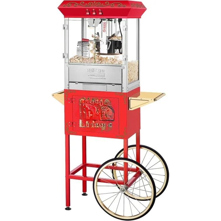 Perfect Popper Popcorn Machine with Cart and Stainless-Steel Kettle, Warming Light, and Accessories, 10oz, Red