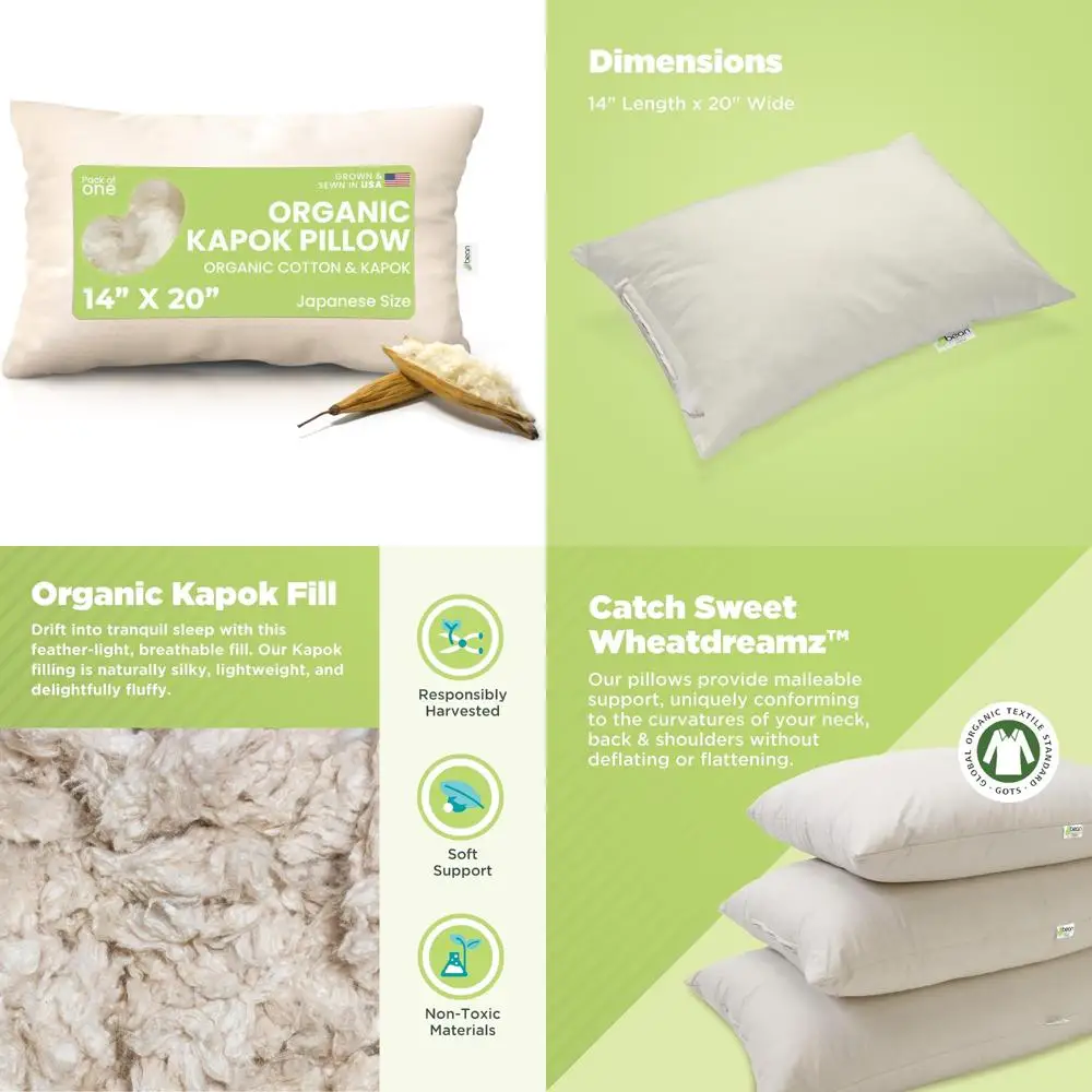 

Japanese Organic Kapok Pillow with Natural Organic Cotton Case - 14x20 - Zippered Shell - Made in USA
